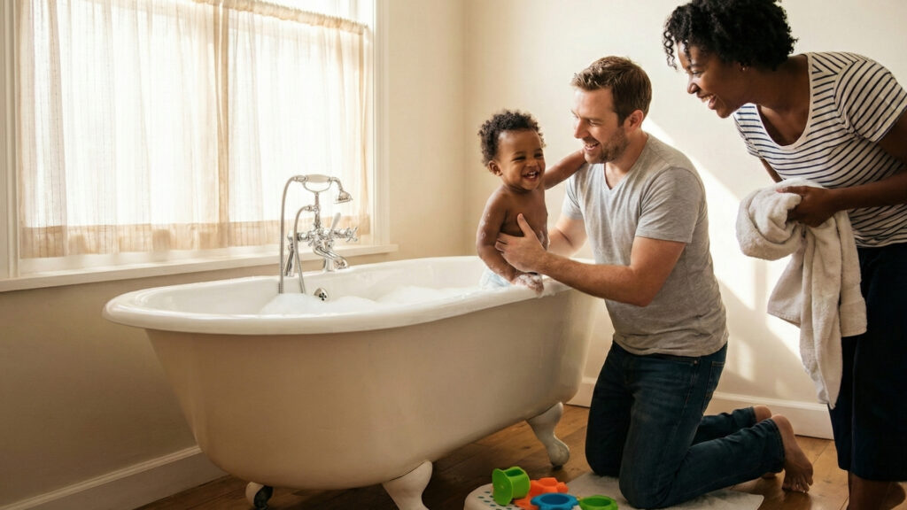 baby in bathtub with parents