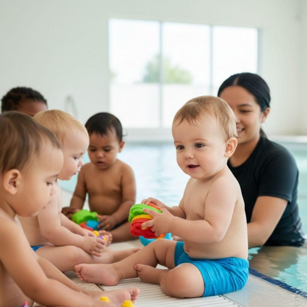 infants playing near a pool