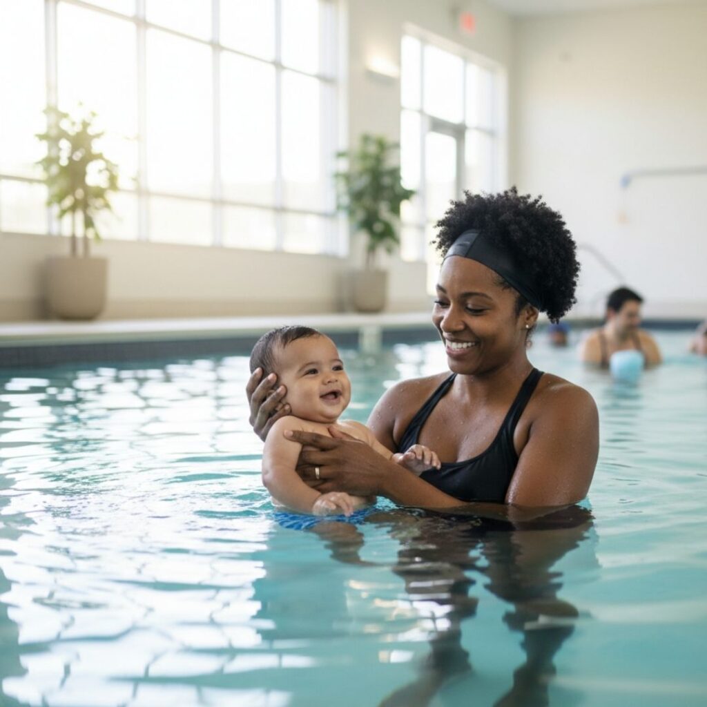 infant learning how to swim with an instructor