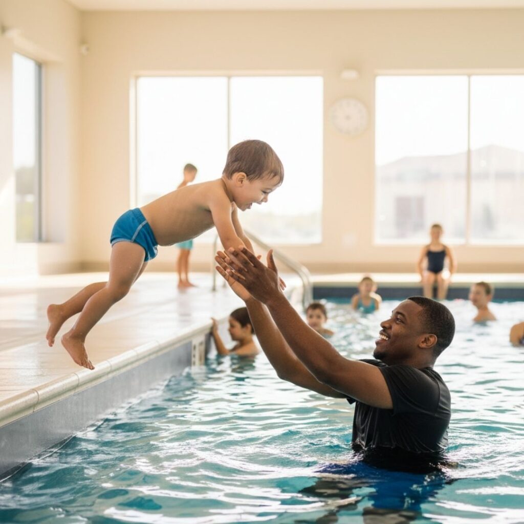 toddler jumping into the water with a swim instructor's help