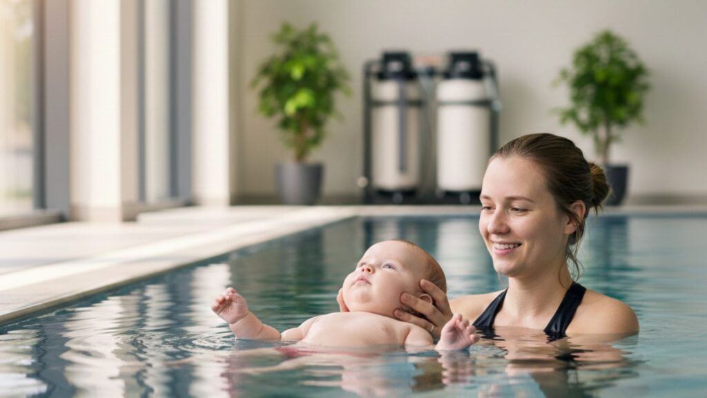 swim instructor teaching an infant to swim