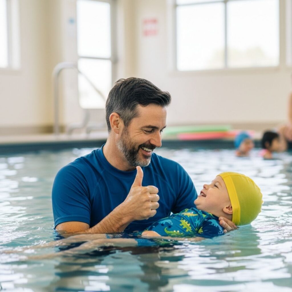 male swim instructor with toddler