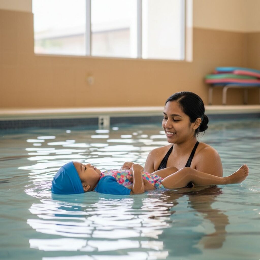 woman swim instructor with toddler