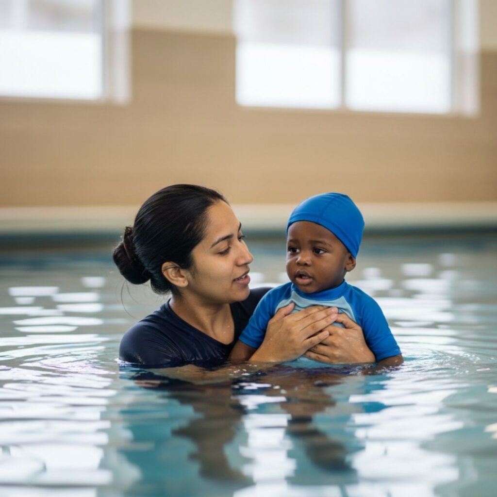 professional swim instructor with toddler