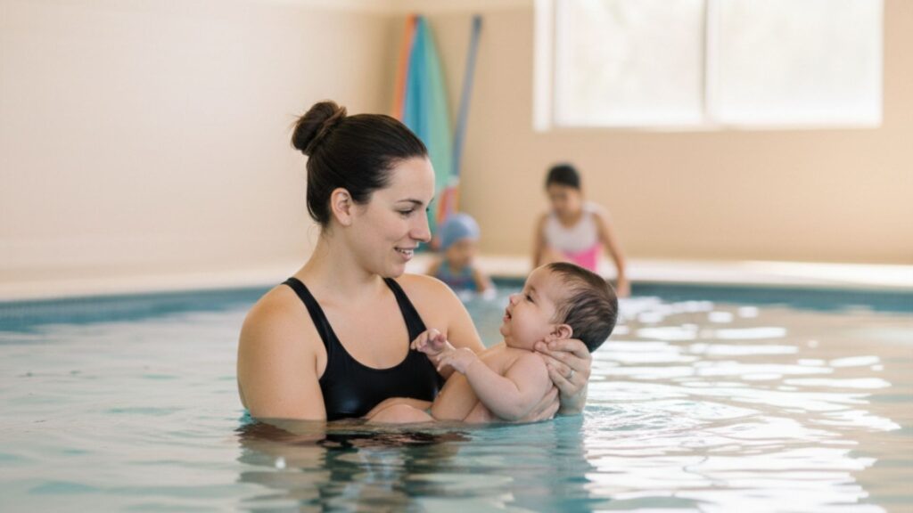 female swim instructor with infant in pool