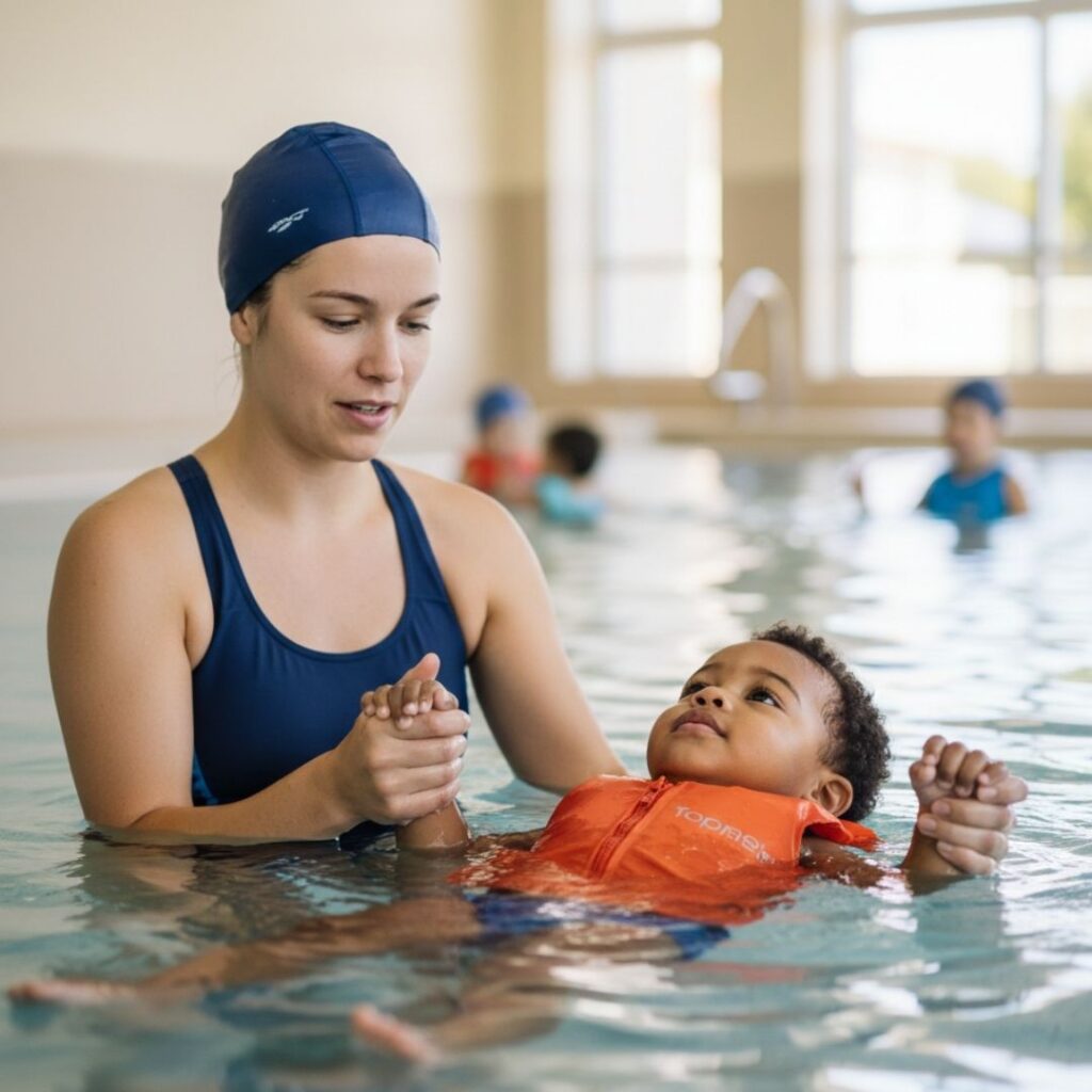 toddler at a swimming lesson