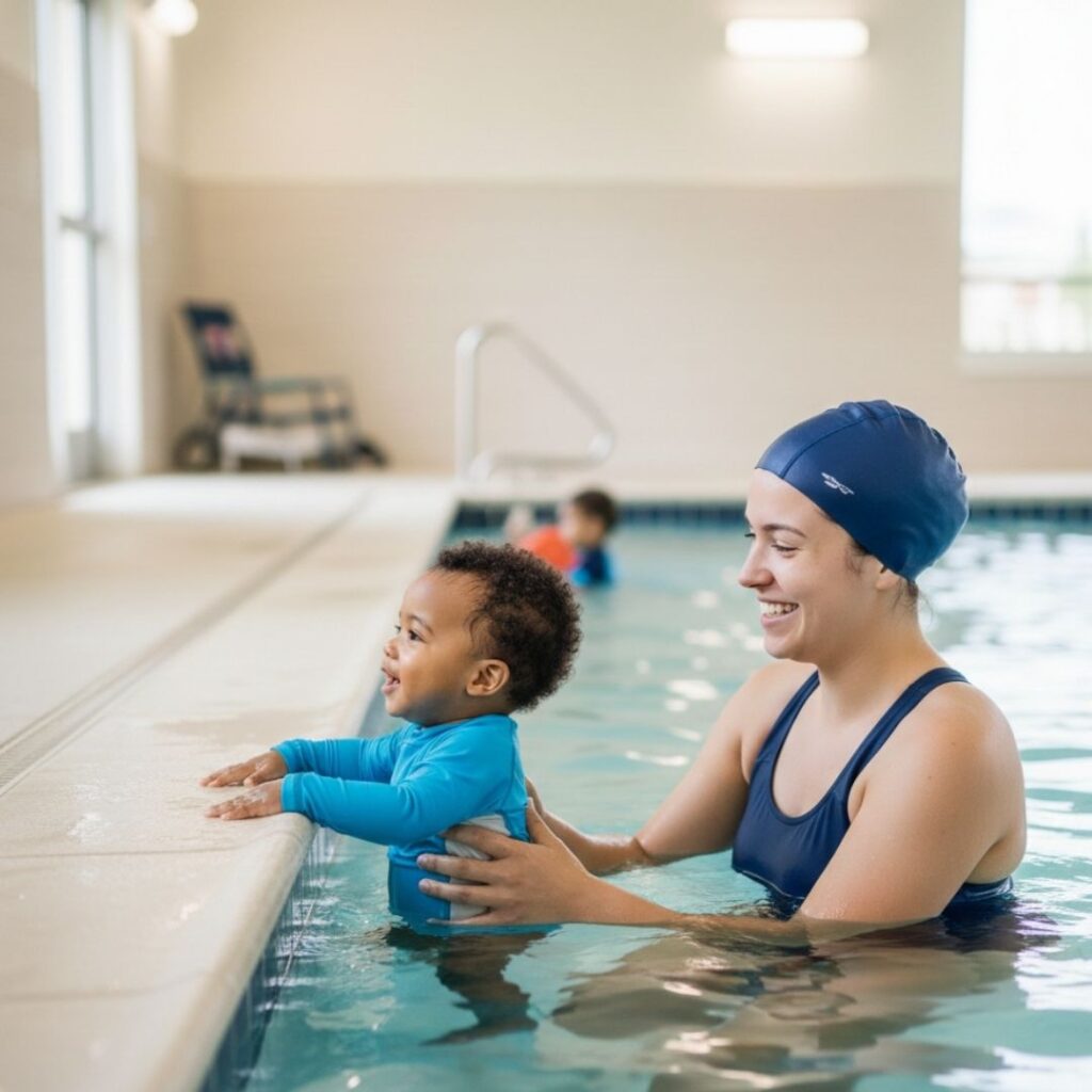 toddler holding on to the side of the pool with the help of a swimming instructor