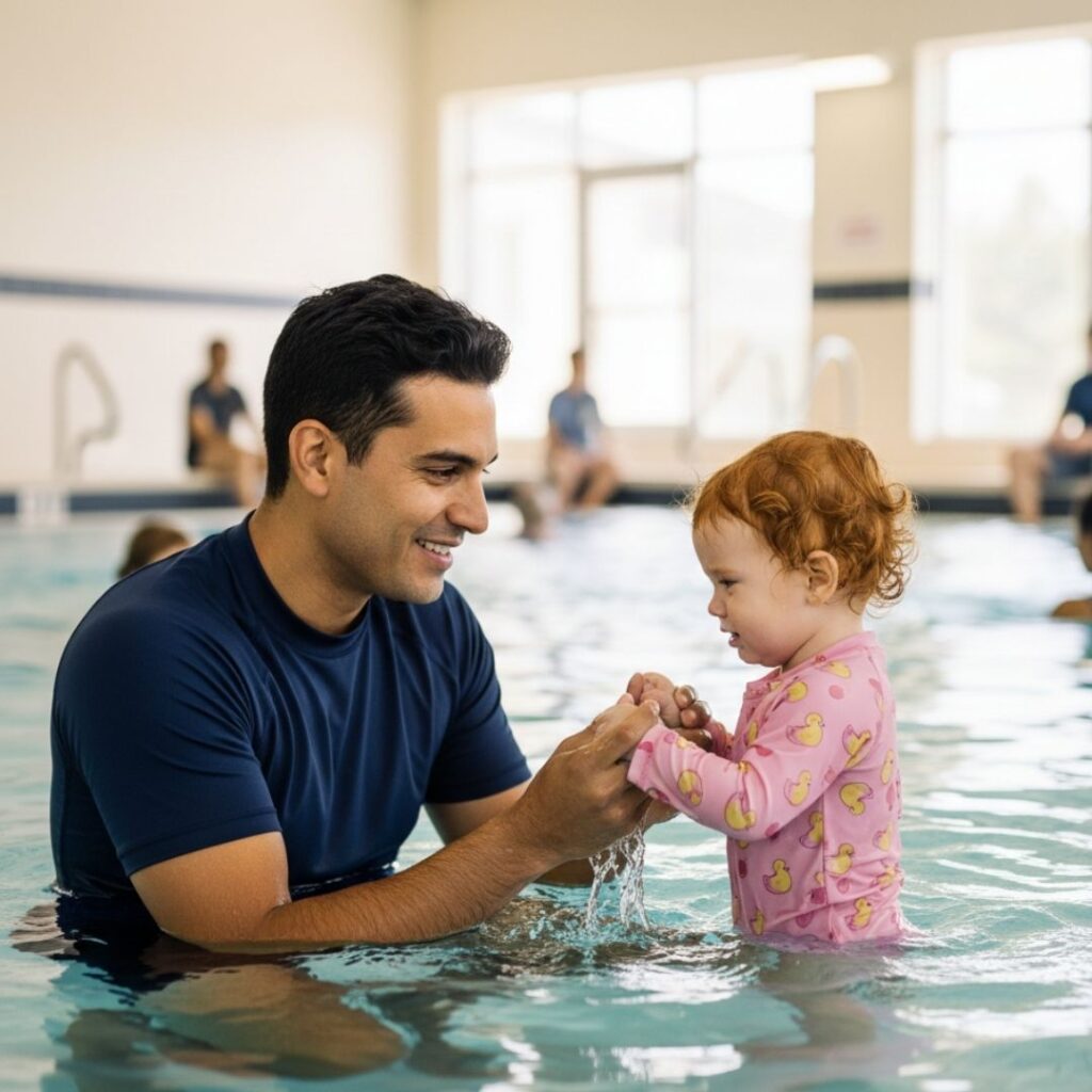 toddler in the shallow end of the pool