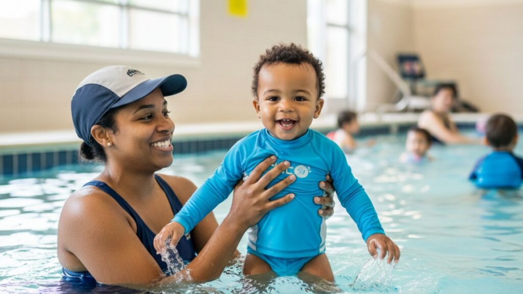 toddler with an adult in the pool