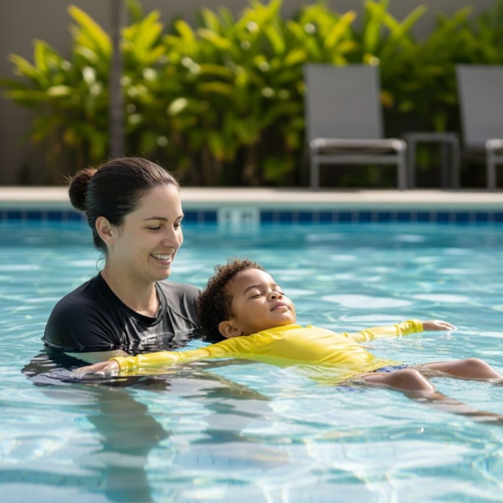 toddler with swim instructor, floating on his back