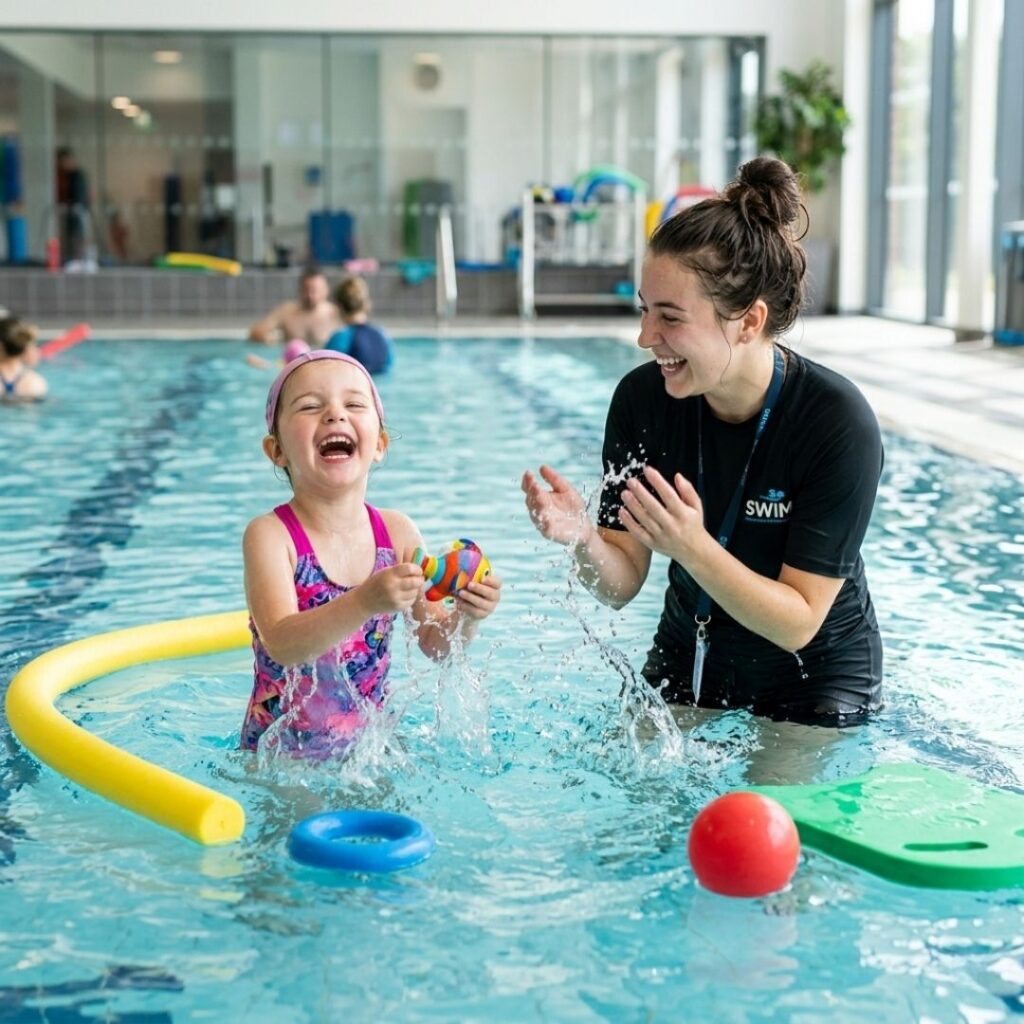 A laughing toddler splashing in clear swimming pool water with colorful toys.