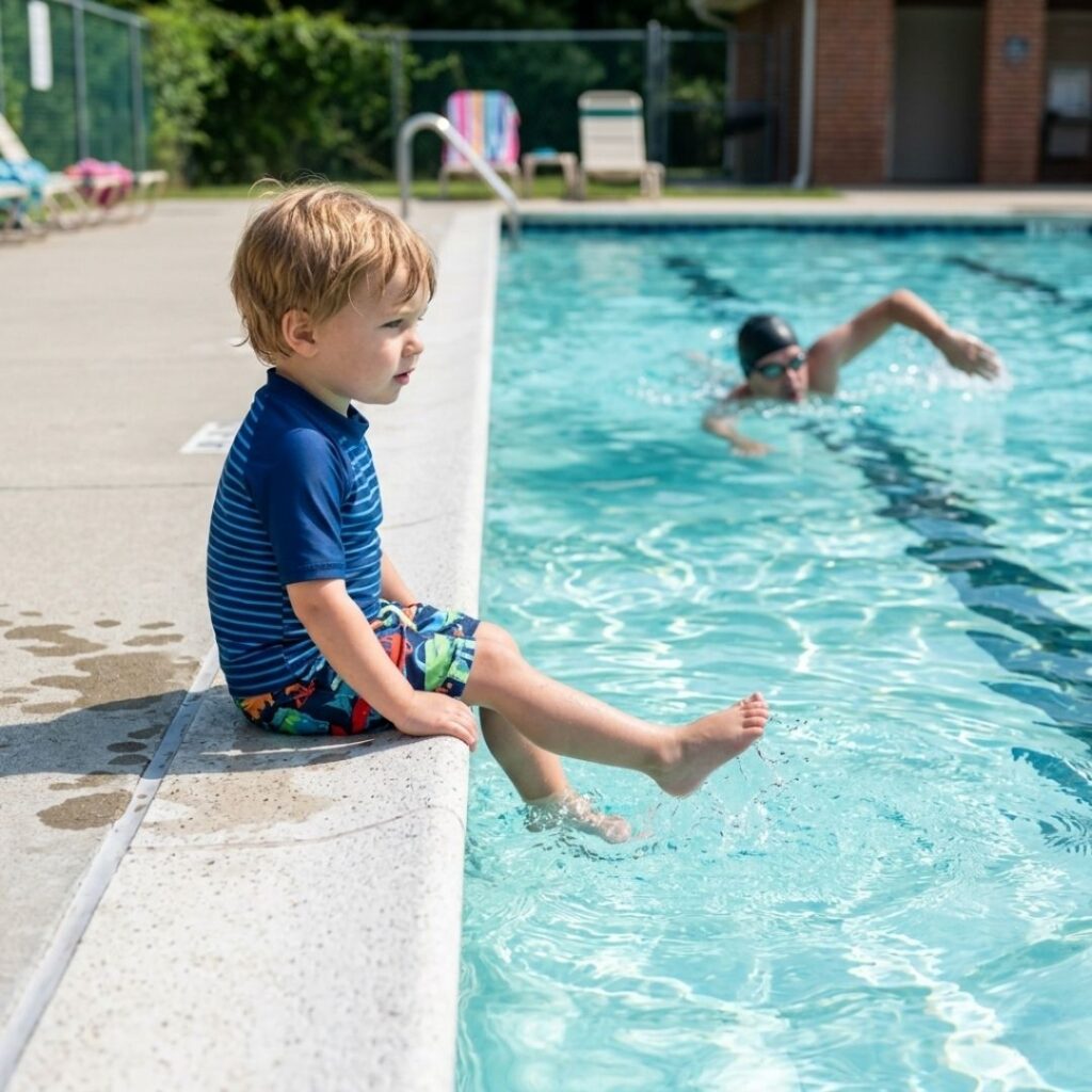 A young child with goggles kicking their feet in a clean indoor swimming pool.