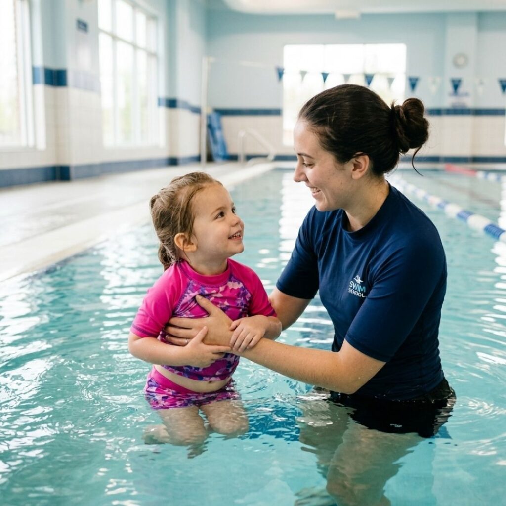 A young child smiling and listening to a swim coach in a warm indoor pool environment.