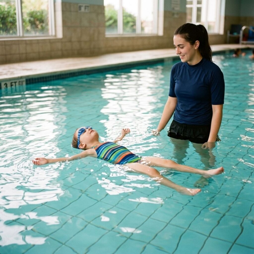 A young child demonstrating an independent back float in clear, warm water.