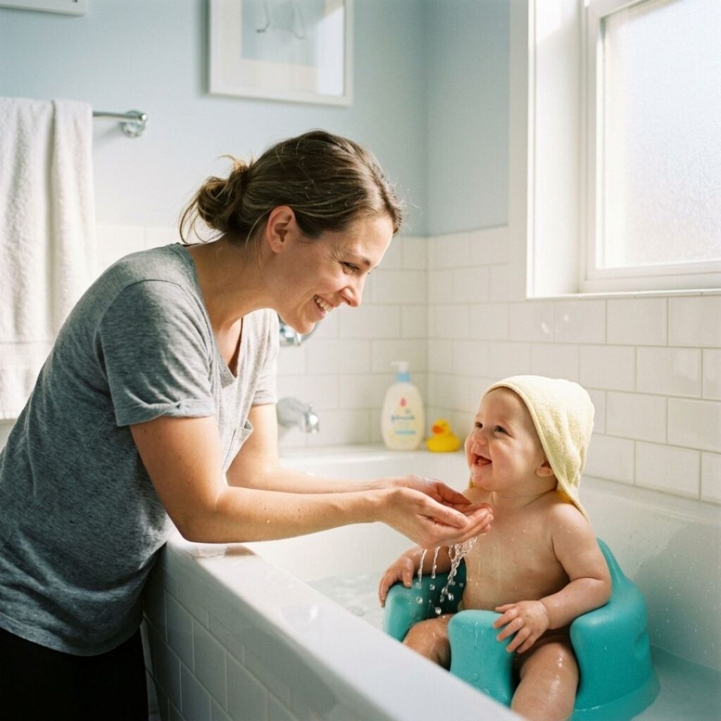 A mother playfully washing her laughing baby during a warm bath time at home.