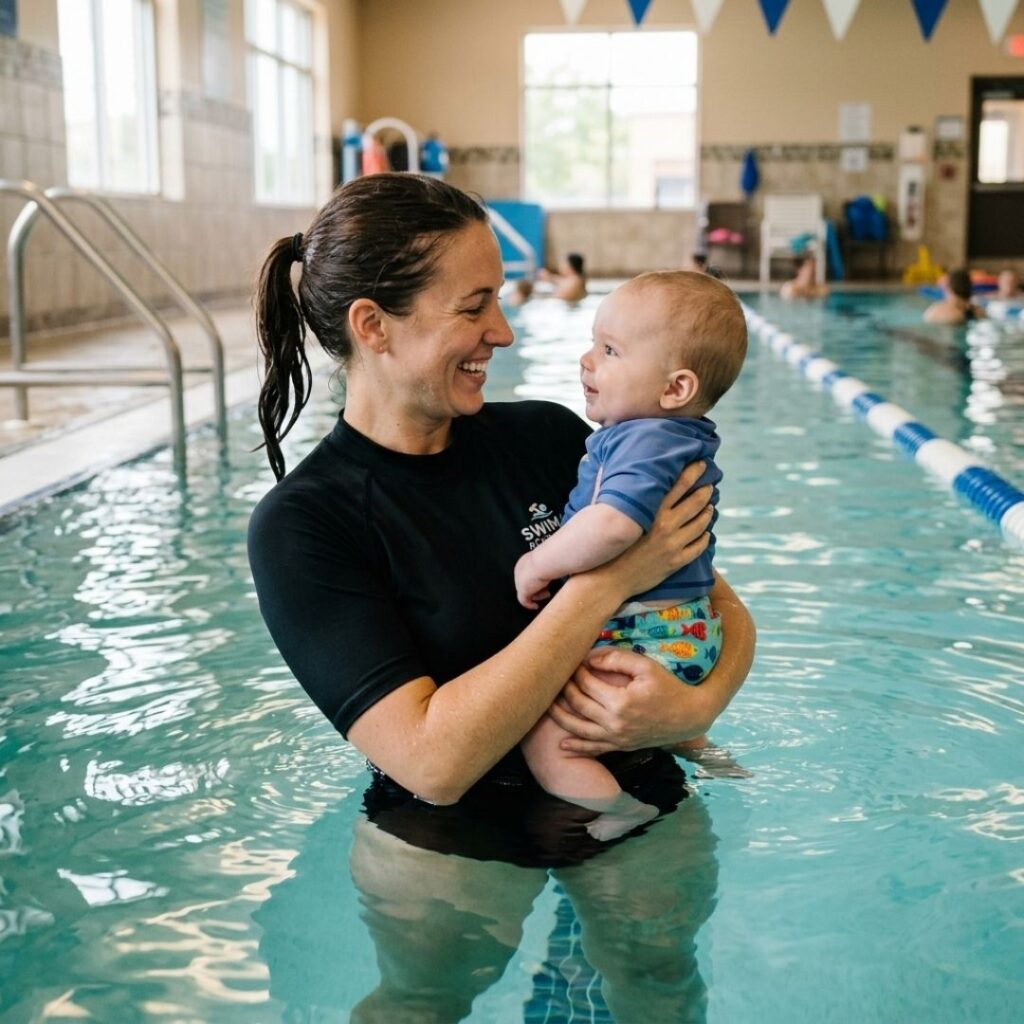 A professional swim instructor gently holding a calm baby in a warm, clear swimming pool.