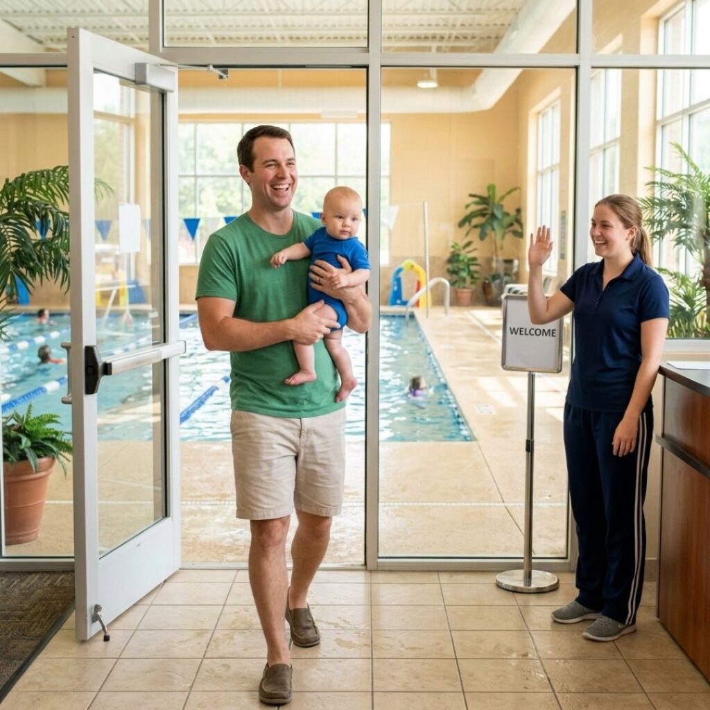 A father holding his baby and being greeted by a friendly swim coach at a pool facility.