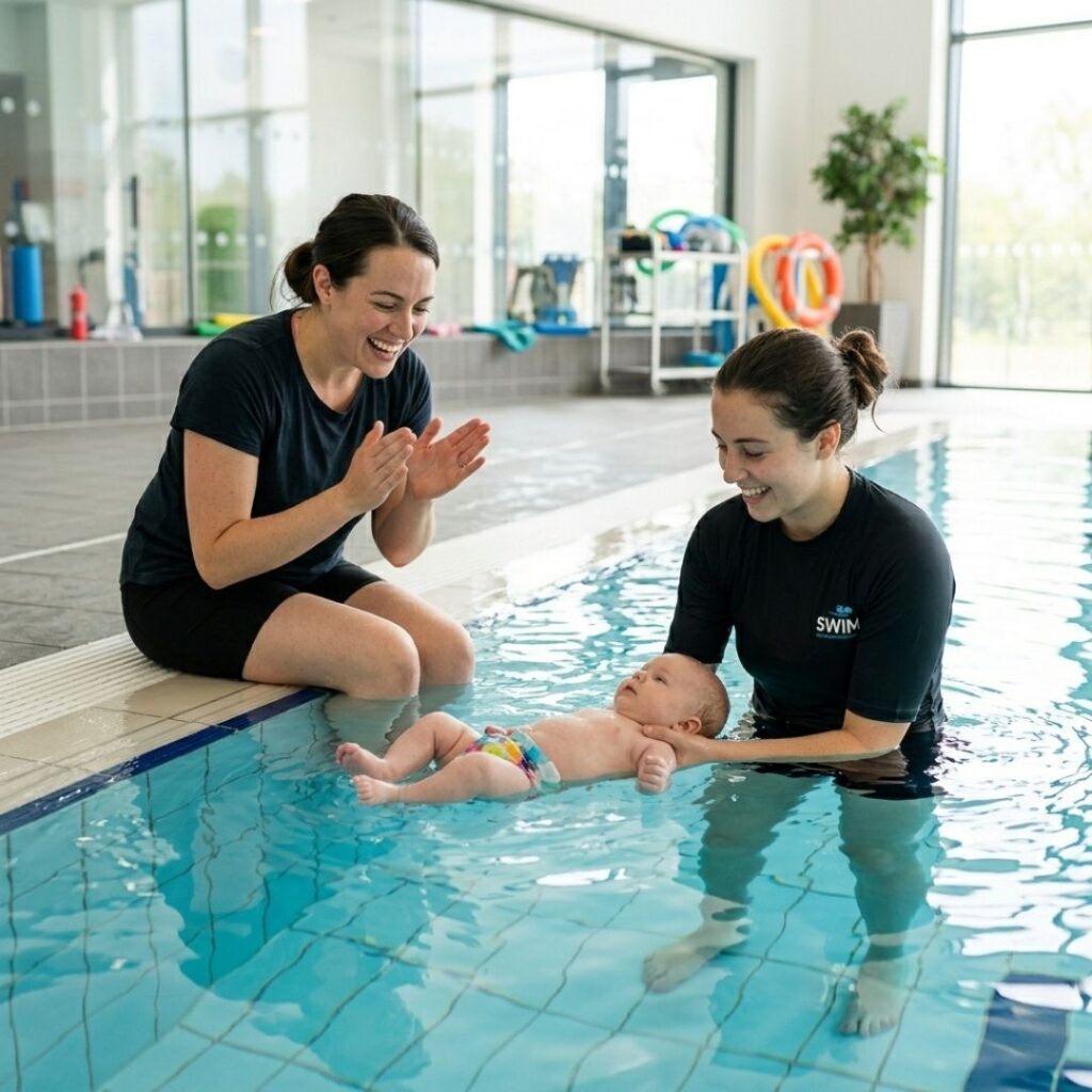 A proud mother cheering on her baby as a swim instructor helps the infant float on their back.
