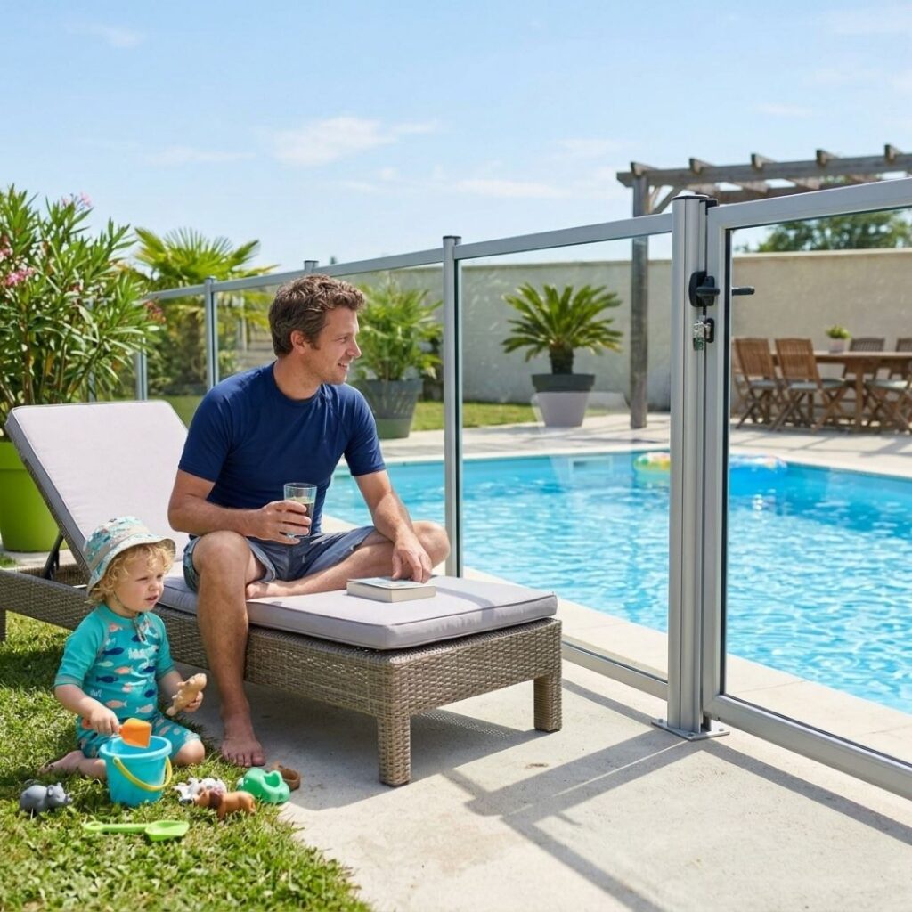 An attentive father supervising his child near a secure backyard pool safety fence.