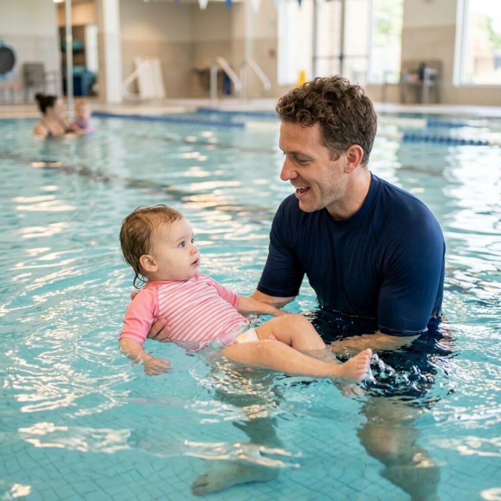 A toddler learning self-rescue rolling techniques with the help of a professional male swim coach.