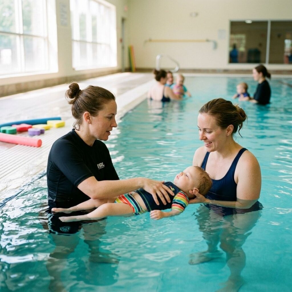 A mother and baby participating in an infant survival swim lesson in a warm indoor swimming pool.