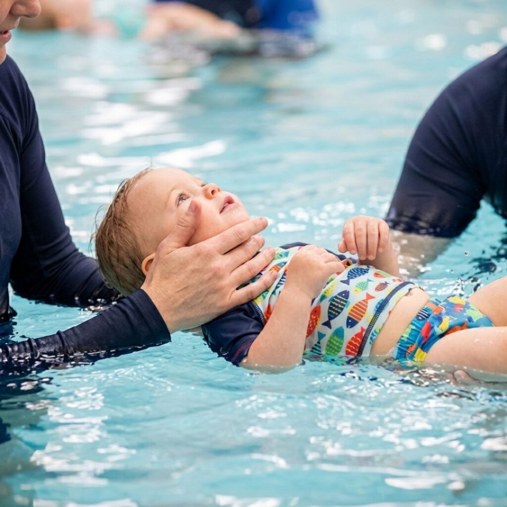 A certified instructor safely guiding a young child's body alignment during a survival swimming class in Durham.