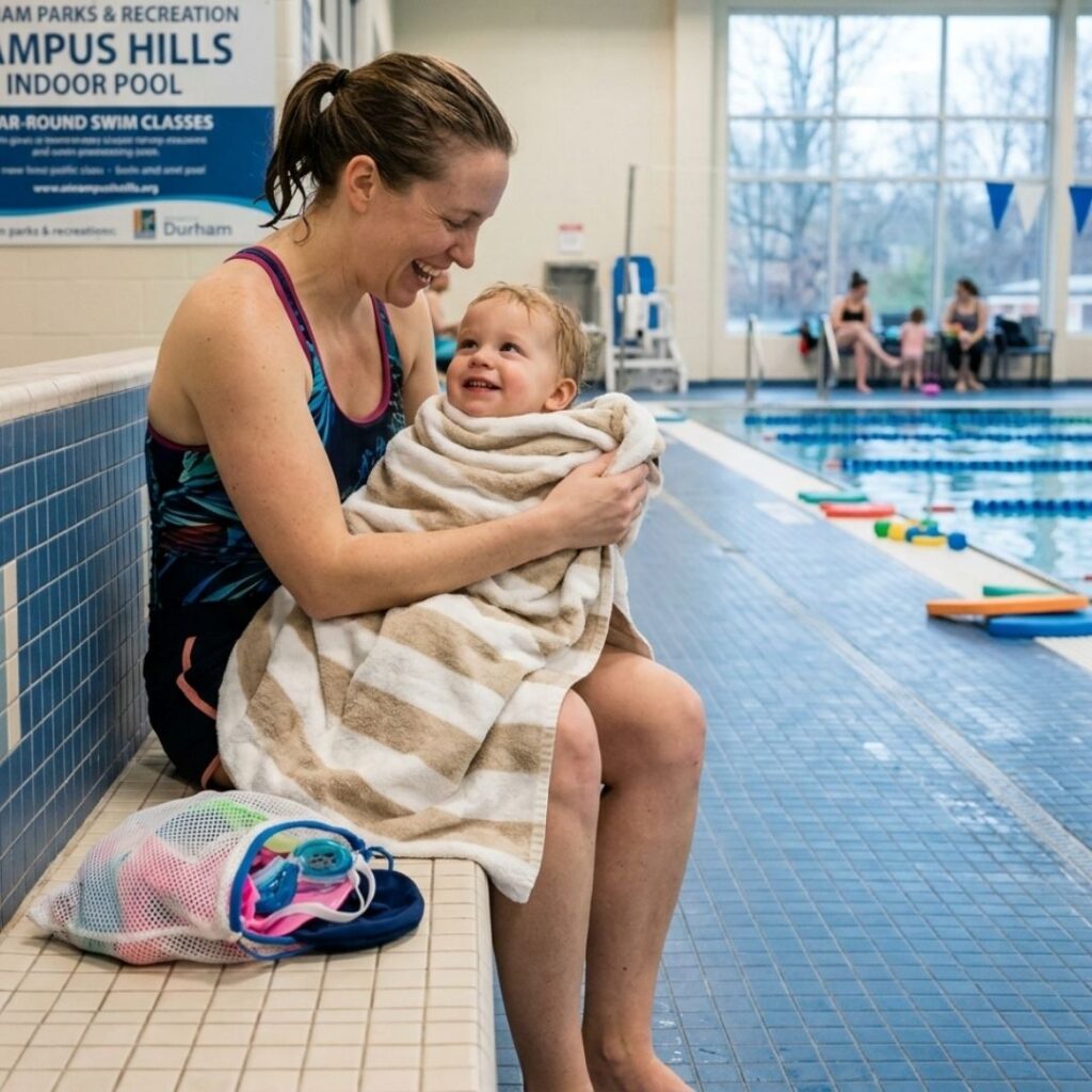A happy mother wrapping a cozy towel around her toddler after an indoor swimming class.