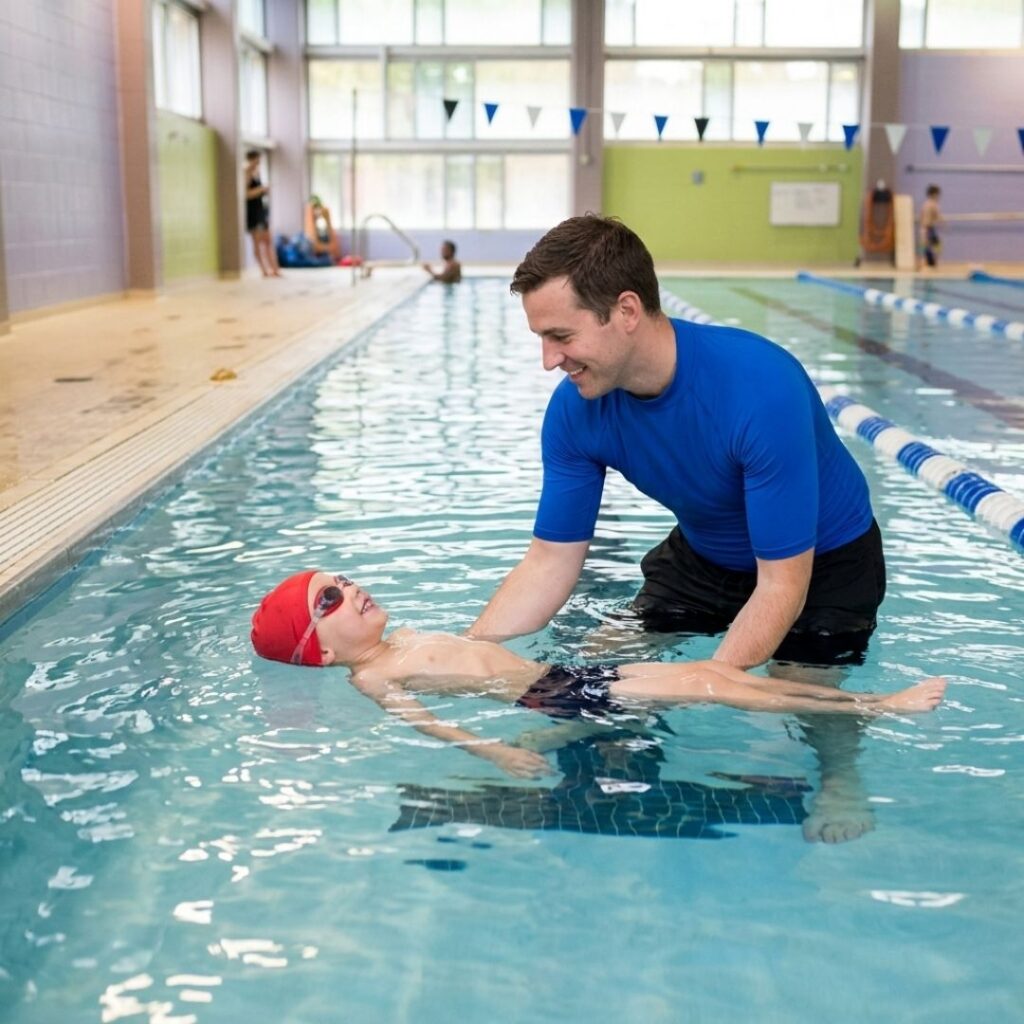 A professional swim instructor safely guiding a young child practicing a back float in a warm indoor pool.