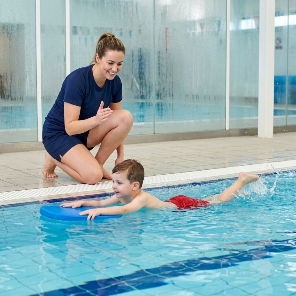 A friendly swim coach encouraging a young boy using a kickboard in a heated indoor swimming pool.