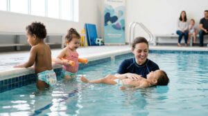 A group of children in swimming lesson.