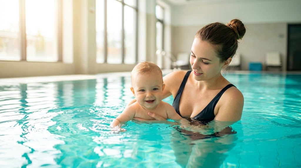 A young mother gently guides her smiling baby through clean pool water in a brightly lit indoor aquatic facility.
