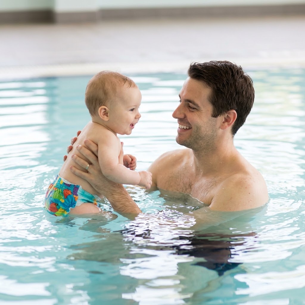 A father smilingly supports his baby wearing a colorful swim diaper in clean indoor pool water during a gentle bonding activity.