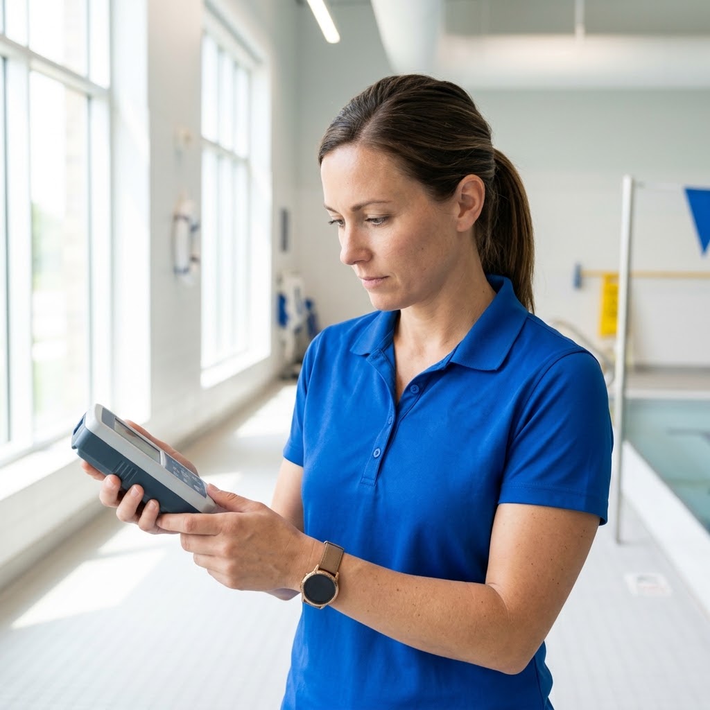 A focused facility manager inspects pool water chemical readings using a digital testing device inside a clean aquatic facility.