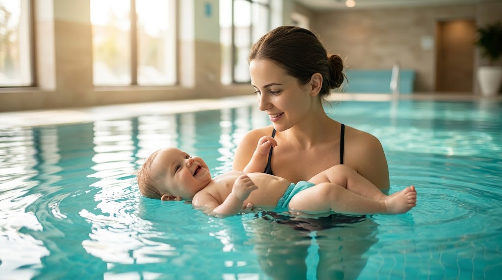 A mother gently supports her smiling baby as they float comfortably on their back in warm, blue pool water.