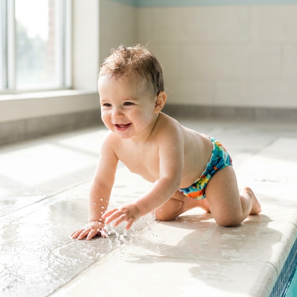 A happy baby with wet hair crawls along a clean indoor pool deck, splashing water playfully with their hands.