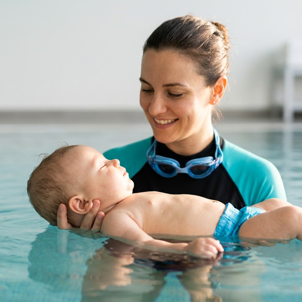 A swim instructor gently supports a relaxed baby's head and back while they practice back floating in warm pool water.