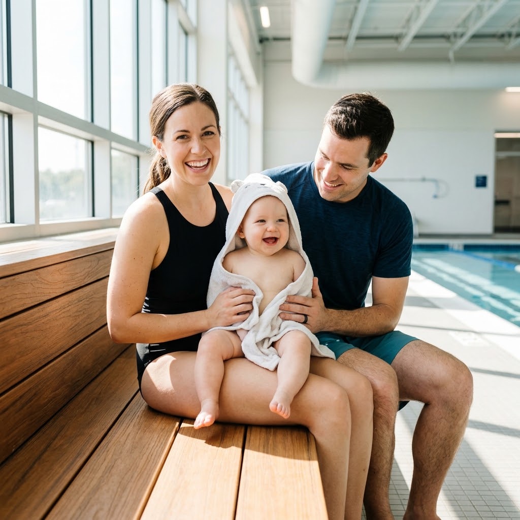 A happy family of three sit closely poolside, wrapped in towels and bonding after their baby's swim lesson.