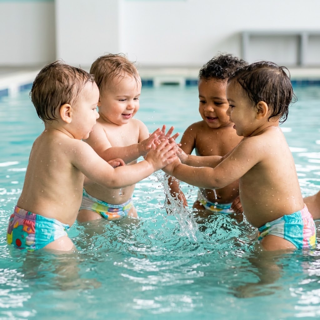 A group of four adorable babies splash and play together in clean, warm pool water during an infant group swim class.